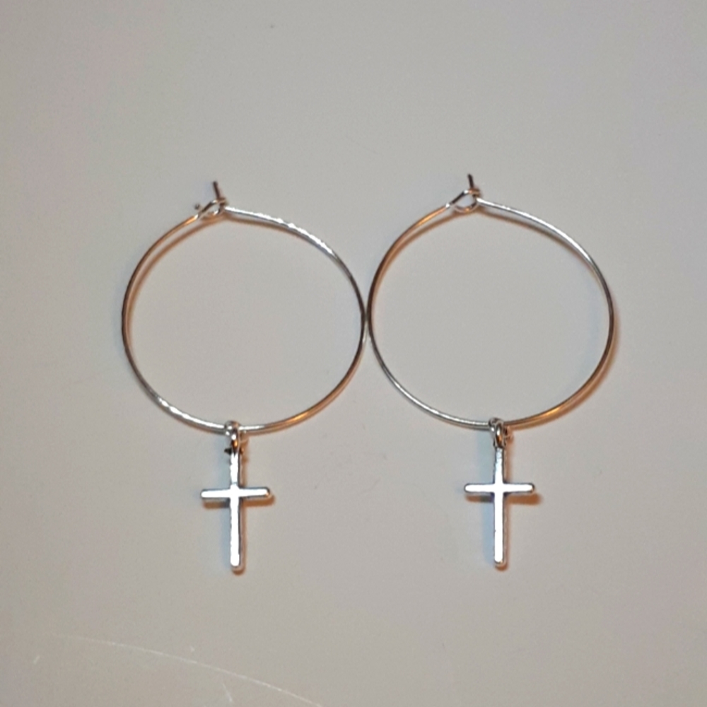 Cross hoop Earrings handmade 1 inch silver plated dangle drop hoops nickel free